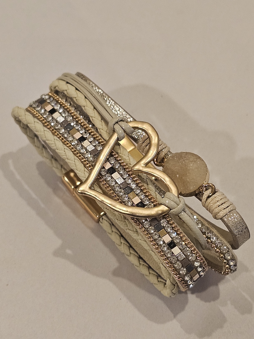 Multi-Row Cream and Gold Heart Accent Bracelet